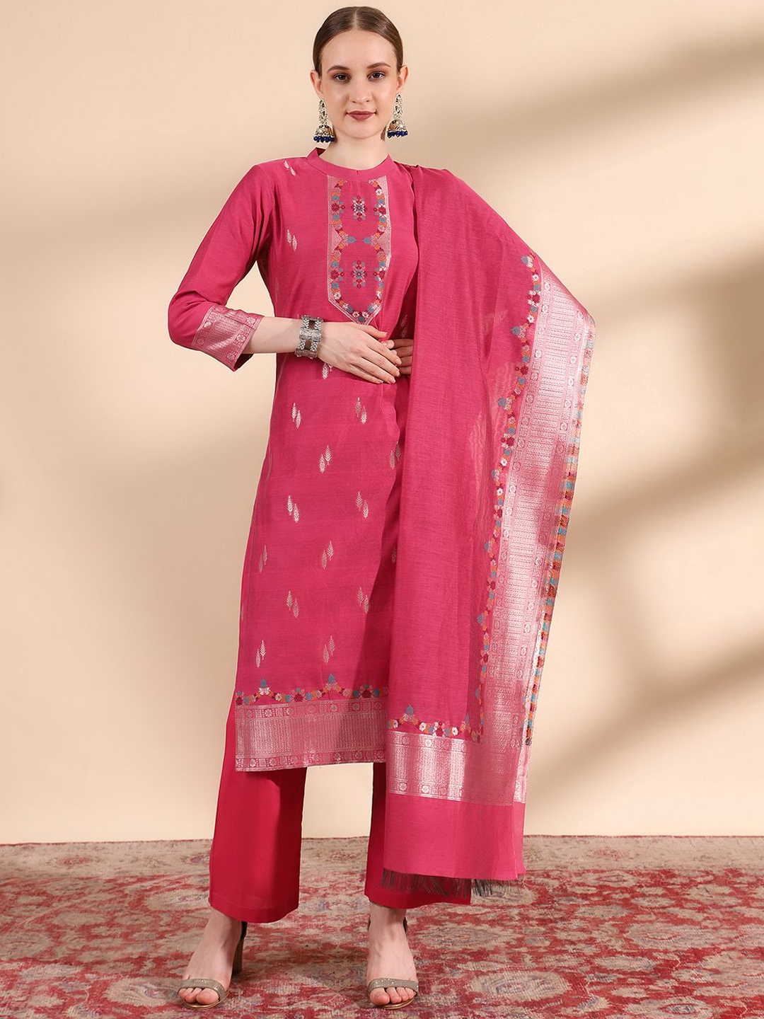 

KIDAR Floral Zari Woven Design Jacquard Straight Kurta With Trousers & Dupatta, Magenta