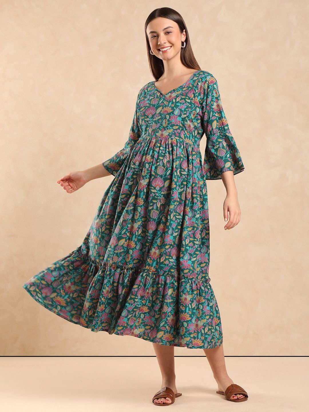 

Aanyor Pure Cotton Floral Printed Flared Sleeve Maternity Fit & Flare Midi Dress, Green