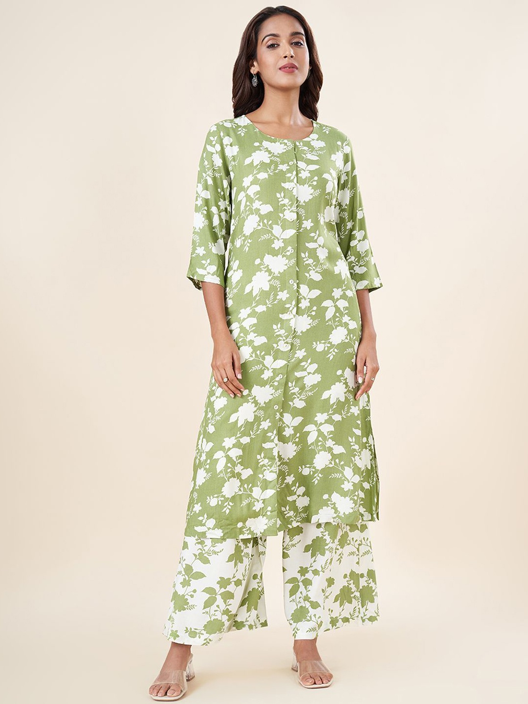 

RANGMANCH BY PANTALOONS Floral Printed A-Line Kurta With Palazzos, Green