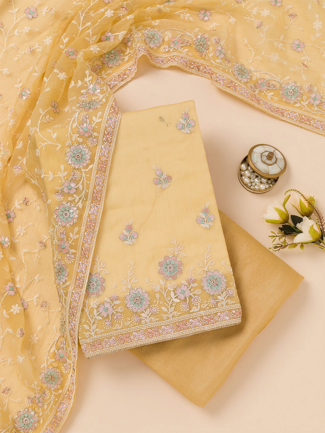 

Koskii Floral Embroidered Sequinned Organza Unstitched Dress Material, Yellow