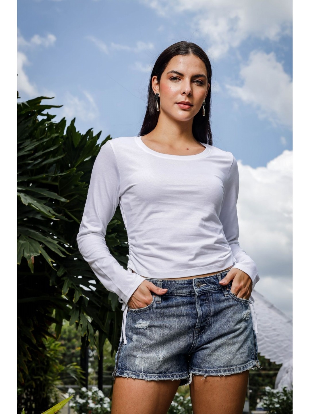 

One Sky Women Solid Round Neck Long Sleeves Cotton T-Shirt, White