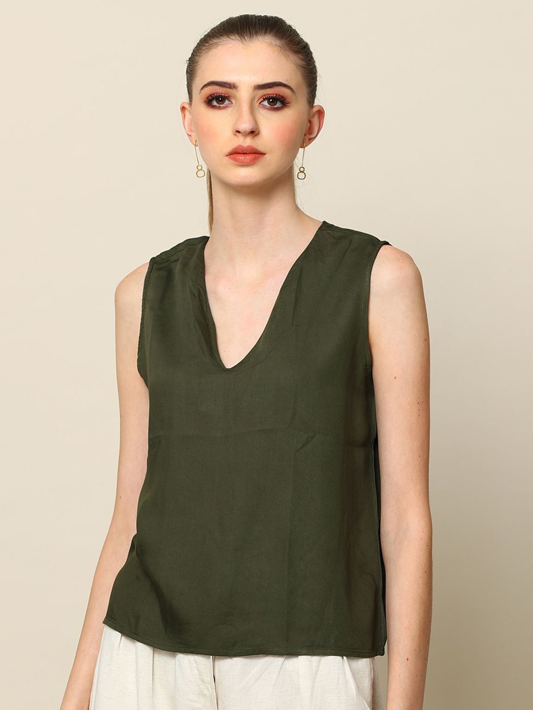 

Saltpetre Women Solid V-Neck Top, Olive