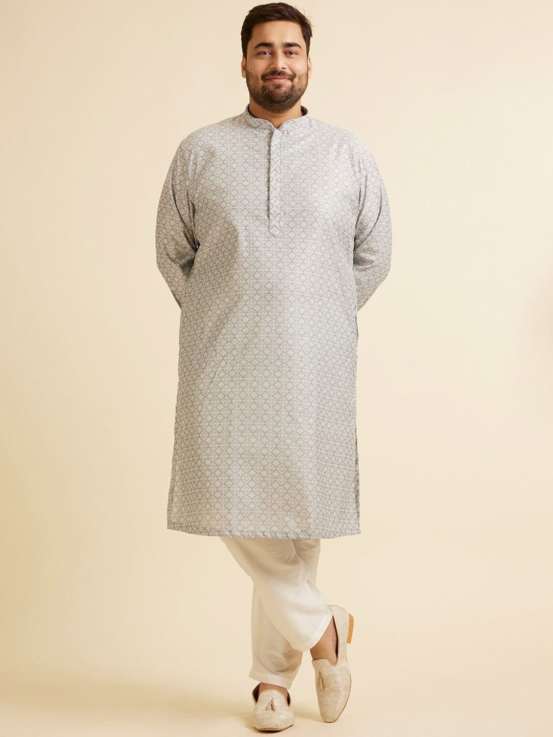 

Manyavar Plus Size Ethnic Motifs Woven Design Mandarin Collar Straight Kurta With Pyjama, Grey
