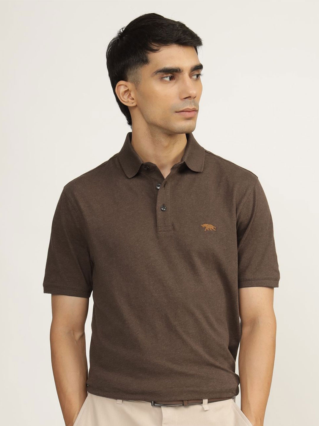 

Andamen Men Solid Polo Collar Cotton T-shirt, Brown