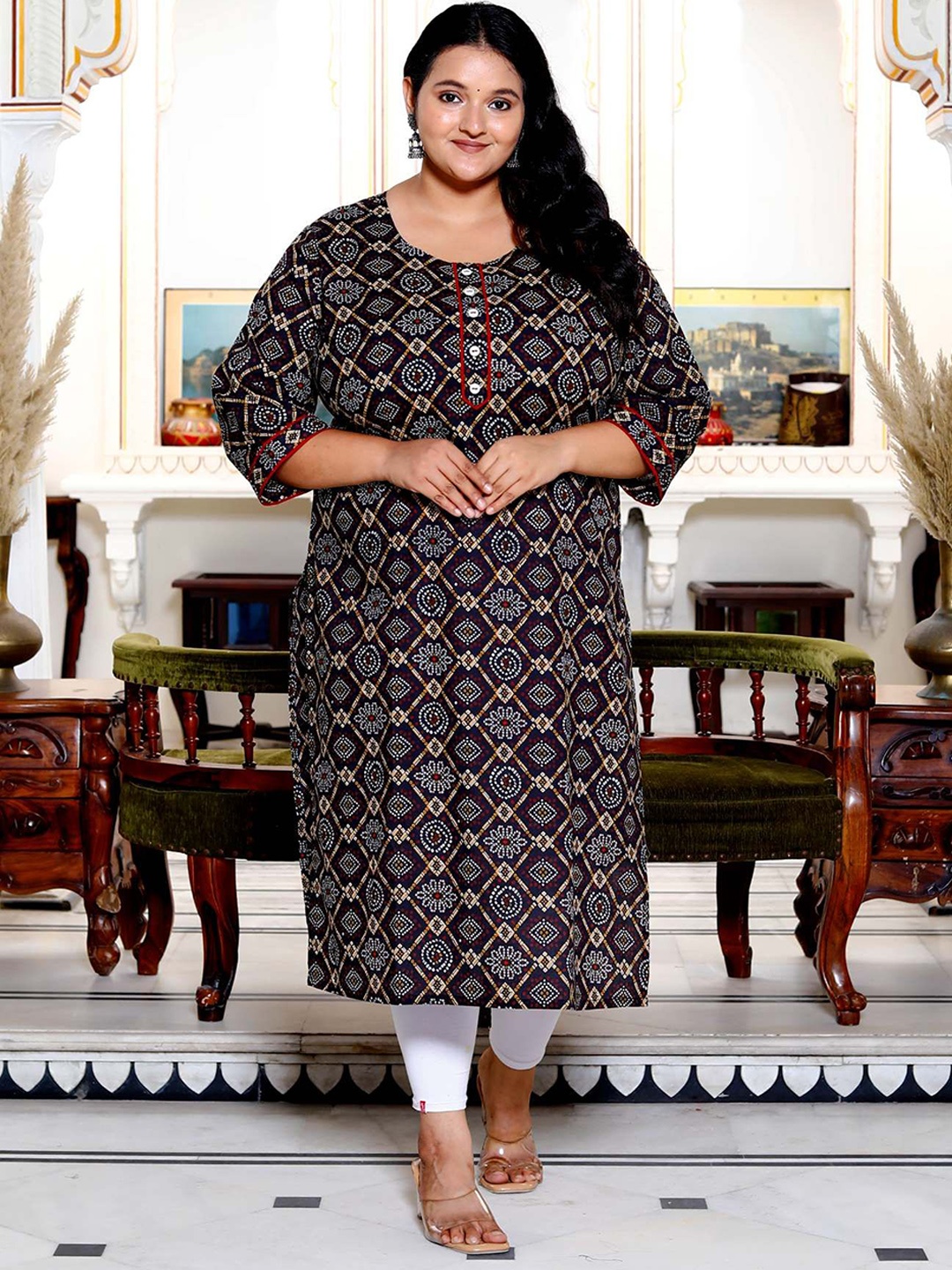 

KALINI Plus Size Bndhani Printed Cotton Straight Kurta, Black