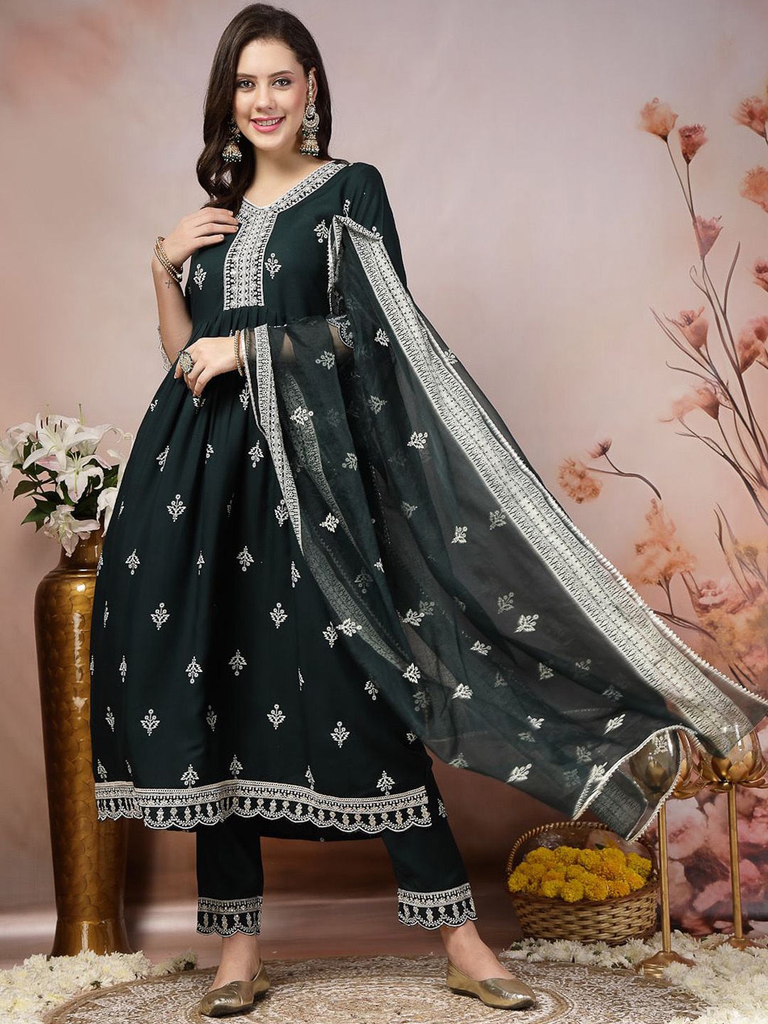 

Stylum Teal Green & White Floral Printed Anarkali Kurta & Trousers With Dupatta