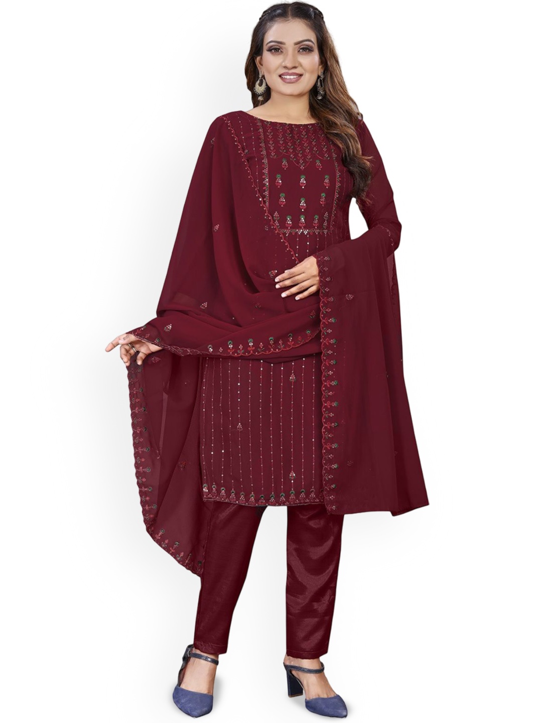 

Aika Floral Embroidered Sequinned Silk Georgette Unstitched Dress Material, Maroon