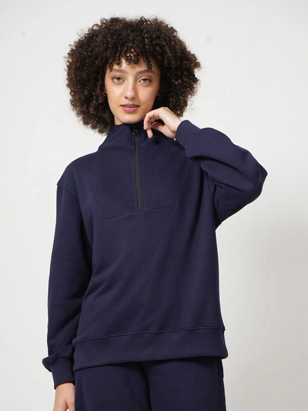 

Saltpetre Women Solid Mock Collar Sweatshirt, Navy blue
