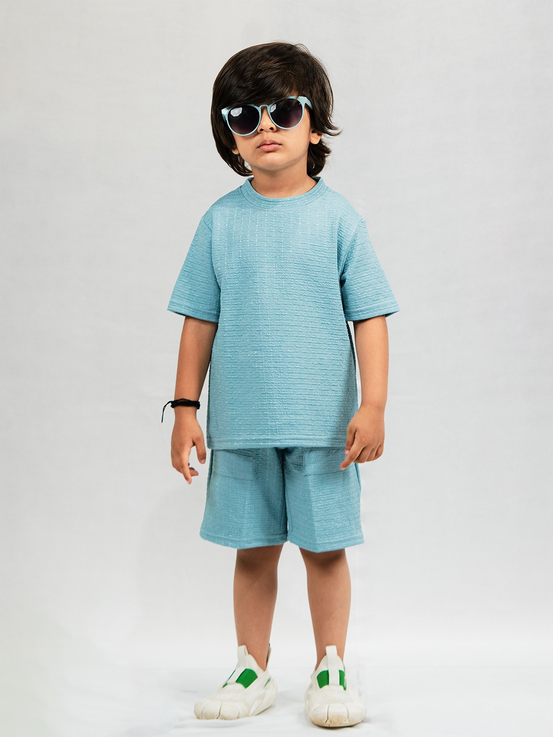 

Emblica Unisex Kids Self Design Round Neck Short Sleeves Casual T-shirt With Shorts, Blue