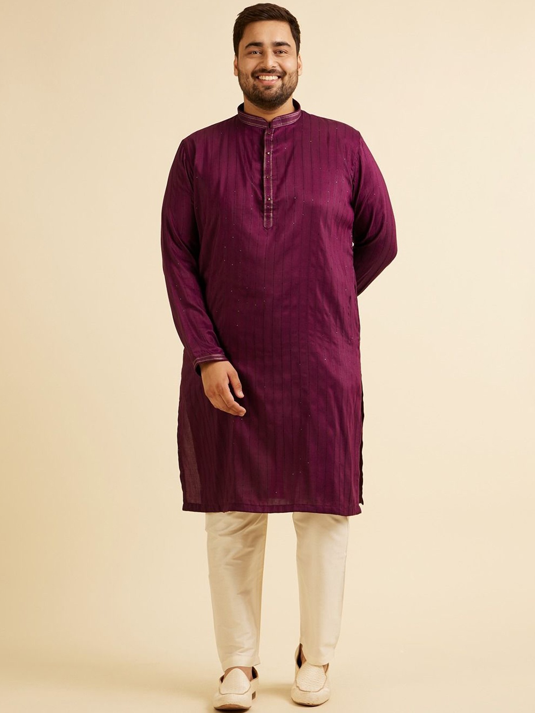 

Manyavar Plus Size Geometric Embroidered Mandarin Collar Sequinned Kurta With Pyjama, Purple