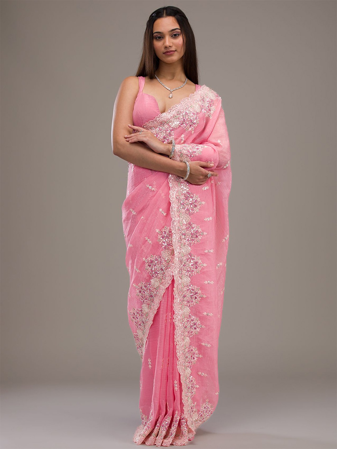 

Koskii Ethnic Motif Embroidered Tissue Heavy Work Saree, Pink