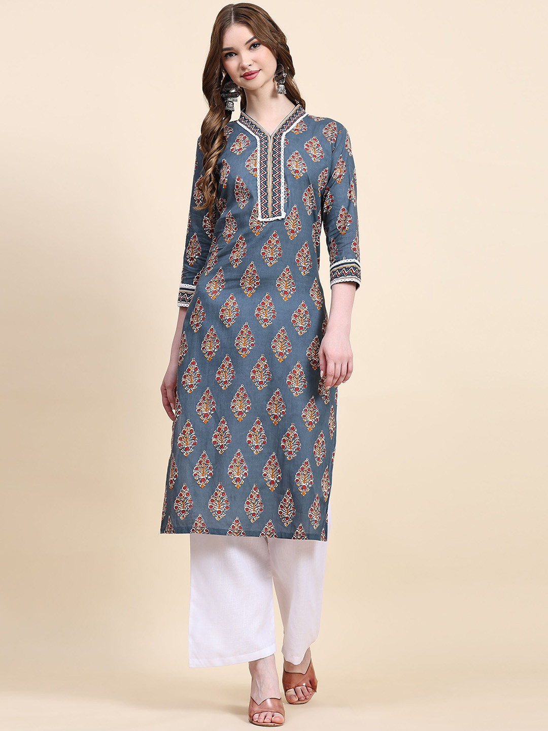 

Suha Ethnic Motifs Printed Thread Work Pure Cotton Straight Kurta with Palazzos, Grey