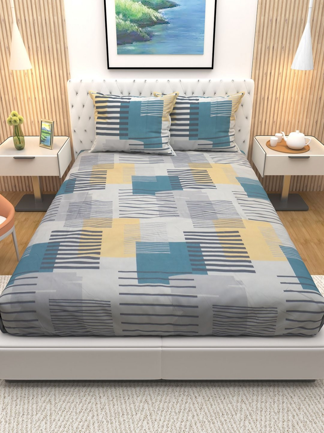 

Aura Blue & Grey Abstract Printed Cotton 180 TC Queen Bedsheet with 2 Pillow Covers