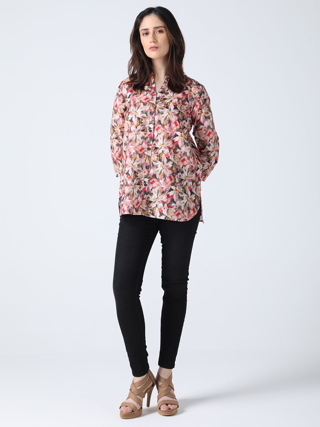 

IDK Women Floral Printed Mandarin Collar Top, Pink