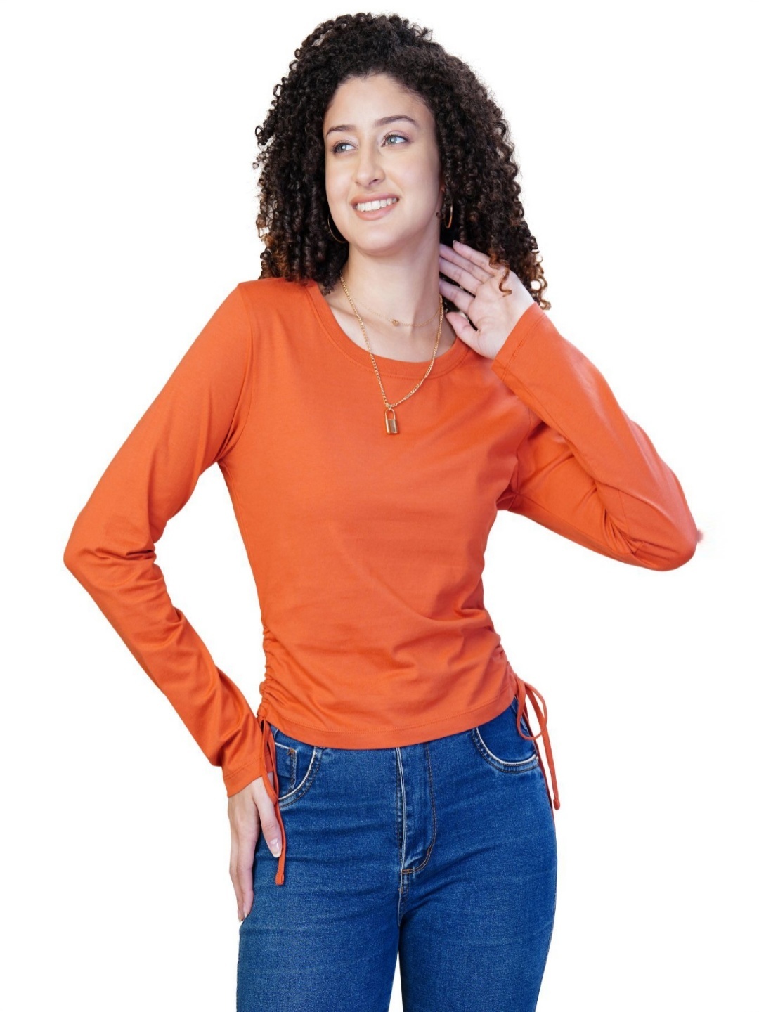 

One Sky Women Solid Round Neck Long Sleeves Cotton T-Shirt, Orange
