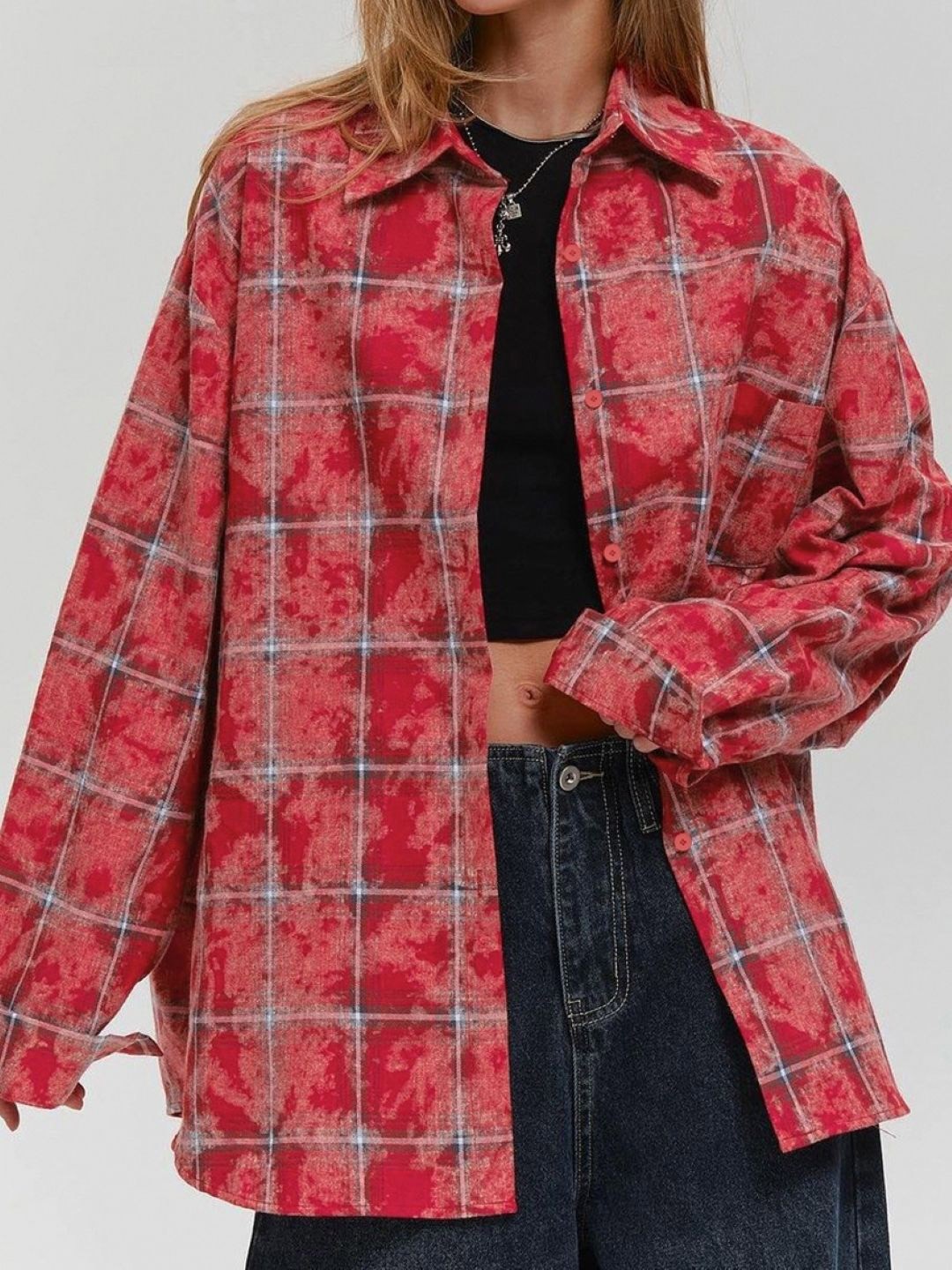 

KPOP Women Checked Shirt Collar Cotton Top, Red
