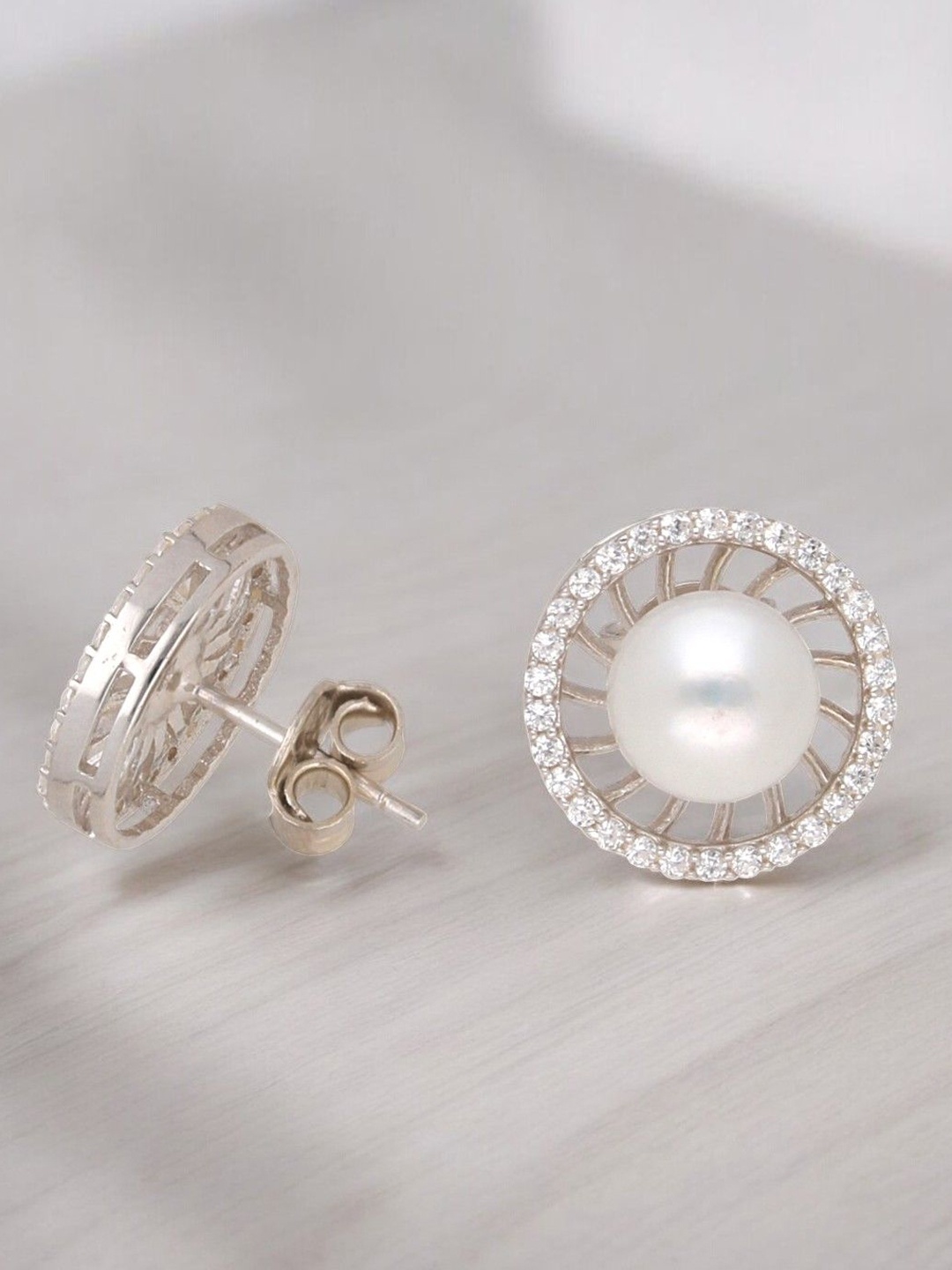 

Sri Jagdamba Pearls Dealer Silver Plated 925 Sterling Silver Circular Studs Earrings, White