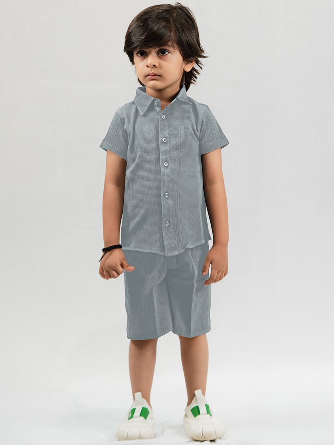 

Emblica Unisex Kids Self Design Shirt Collar Short Sleeves Casual Shirt With Shorts, Grey