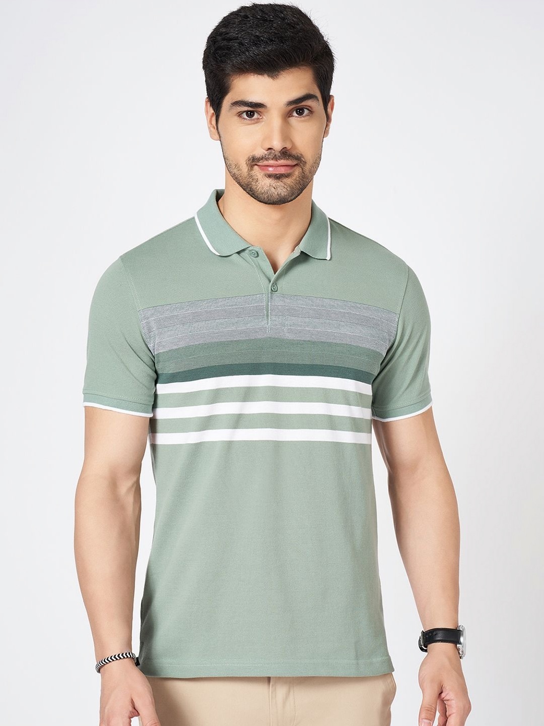 

BYFORD by Pantaloons Men Striped Polo Collar Cotton Slim Fit T-shirt, Green