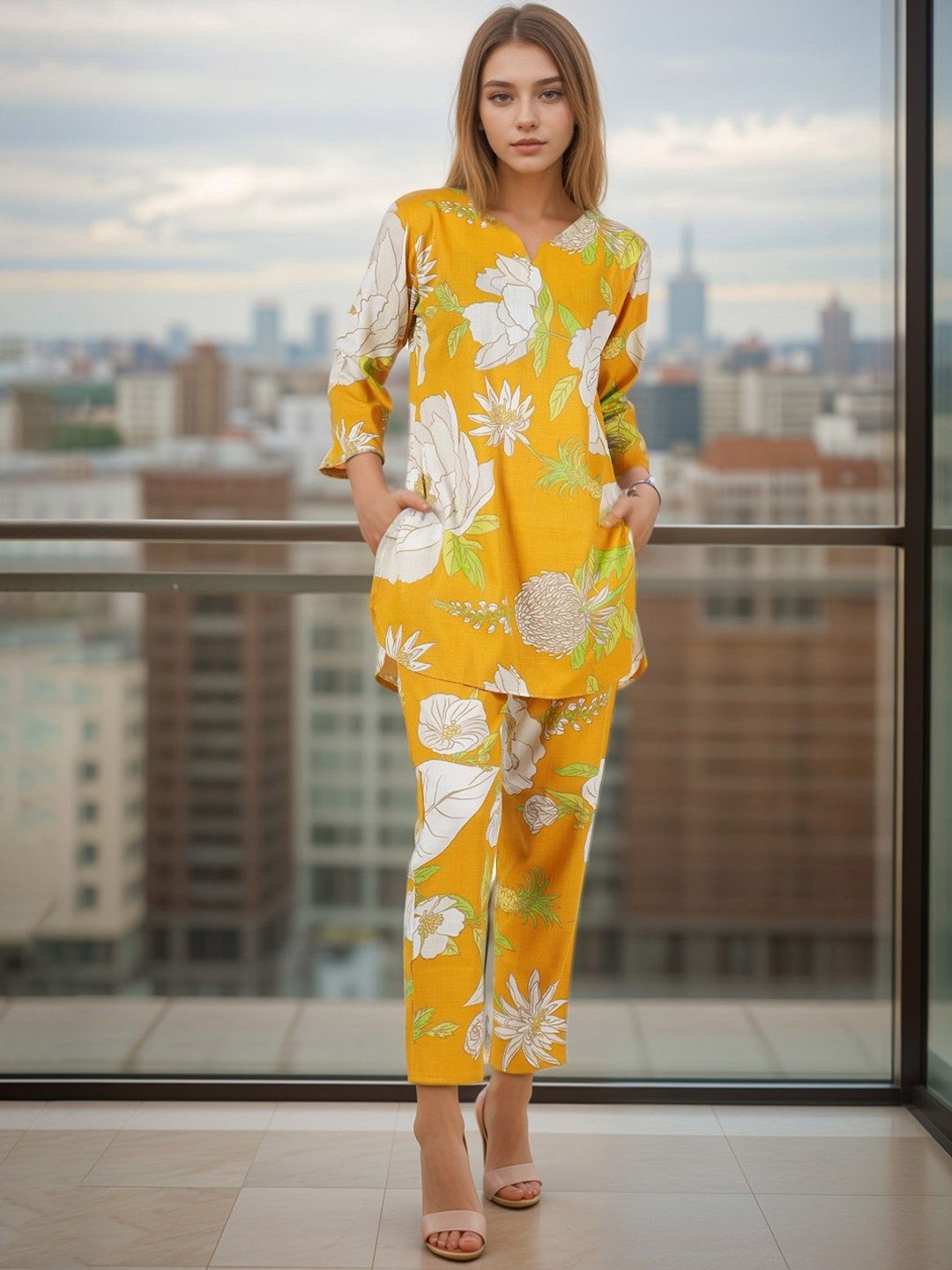 

BAESD Floral Printed Top With Trouser, Yellow