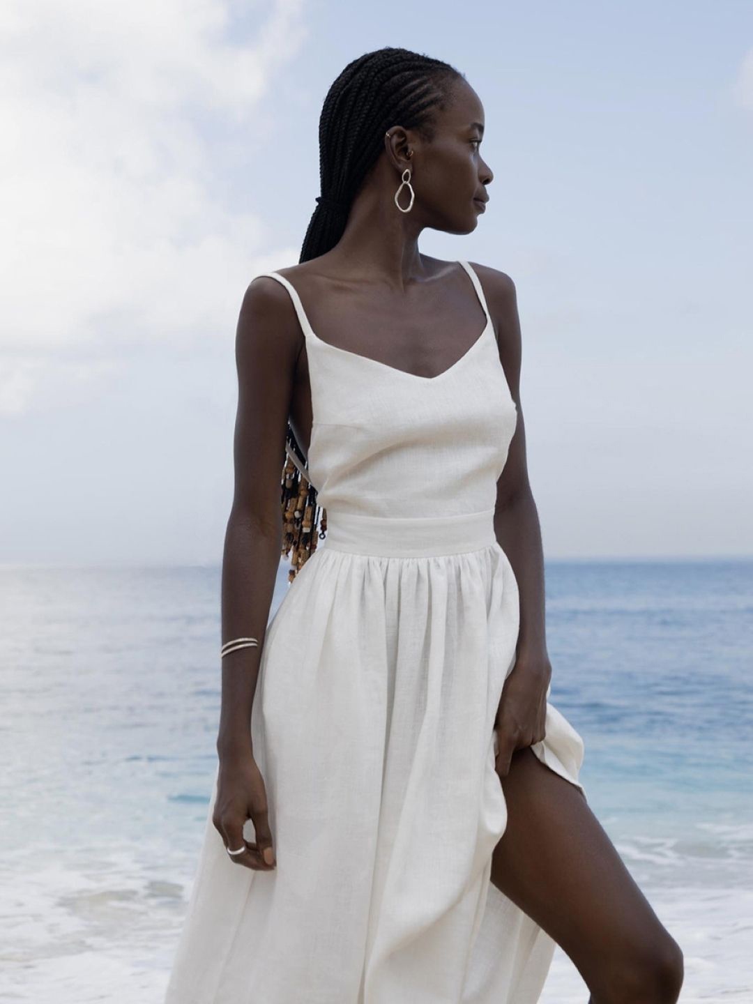 

KPOP Women Solid Shoulder Straps Solid Sleeveless A-Line Midi Dress, White