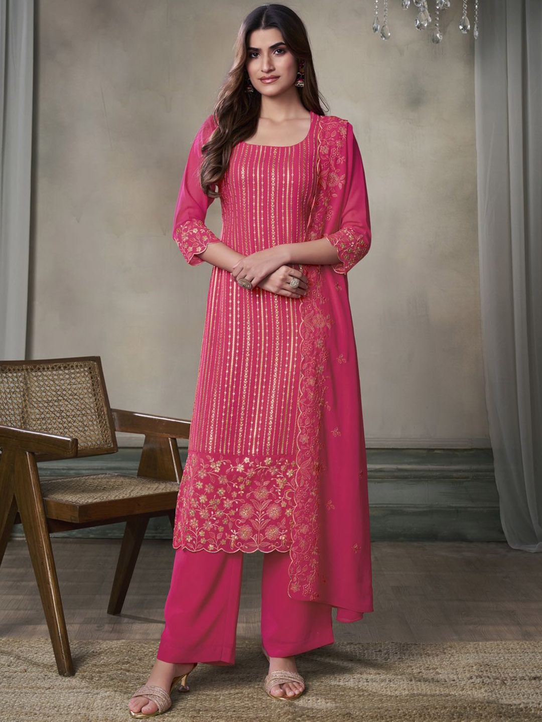 

Inddus Floral Embroidered Sequinned Straight Kurta With Palazzos & Dupatta, Red