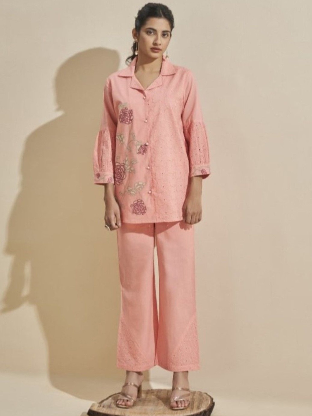 

AUTUMN LANE Floral Embroidered Lapel Neck Pure Cotton Shirt With Trousers, Coral