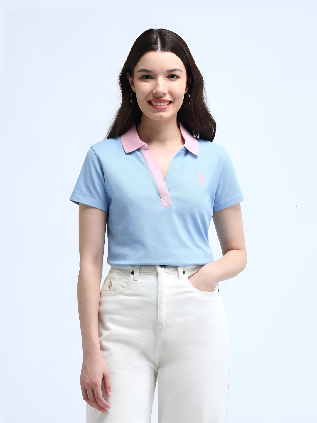

U.S. Polo Assn. Women Brand Logo Printed Polo Collar Cotton Oversized T-shirt, Blue