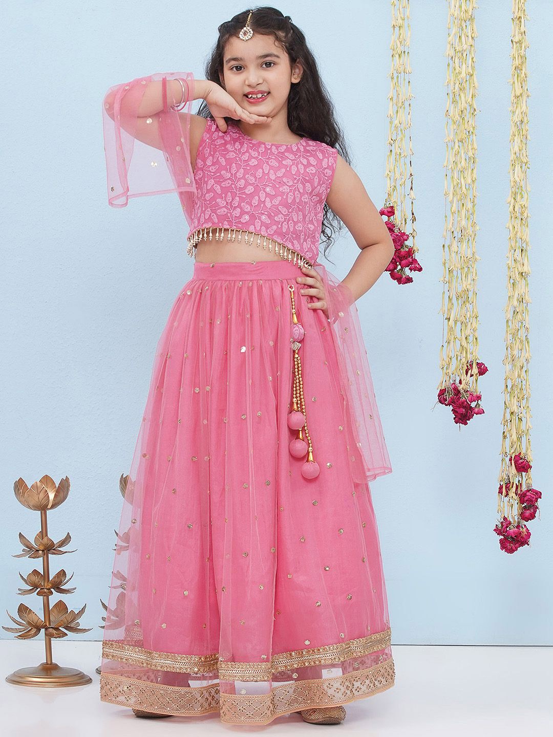 

Aj DEZInES Girls Embroidered Sequinned Ready to Wear Lehenga & Blouse With Dupatta, Pink