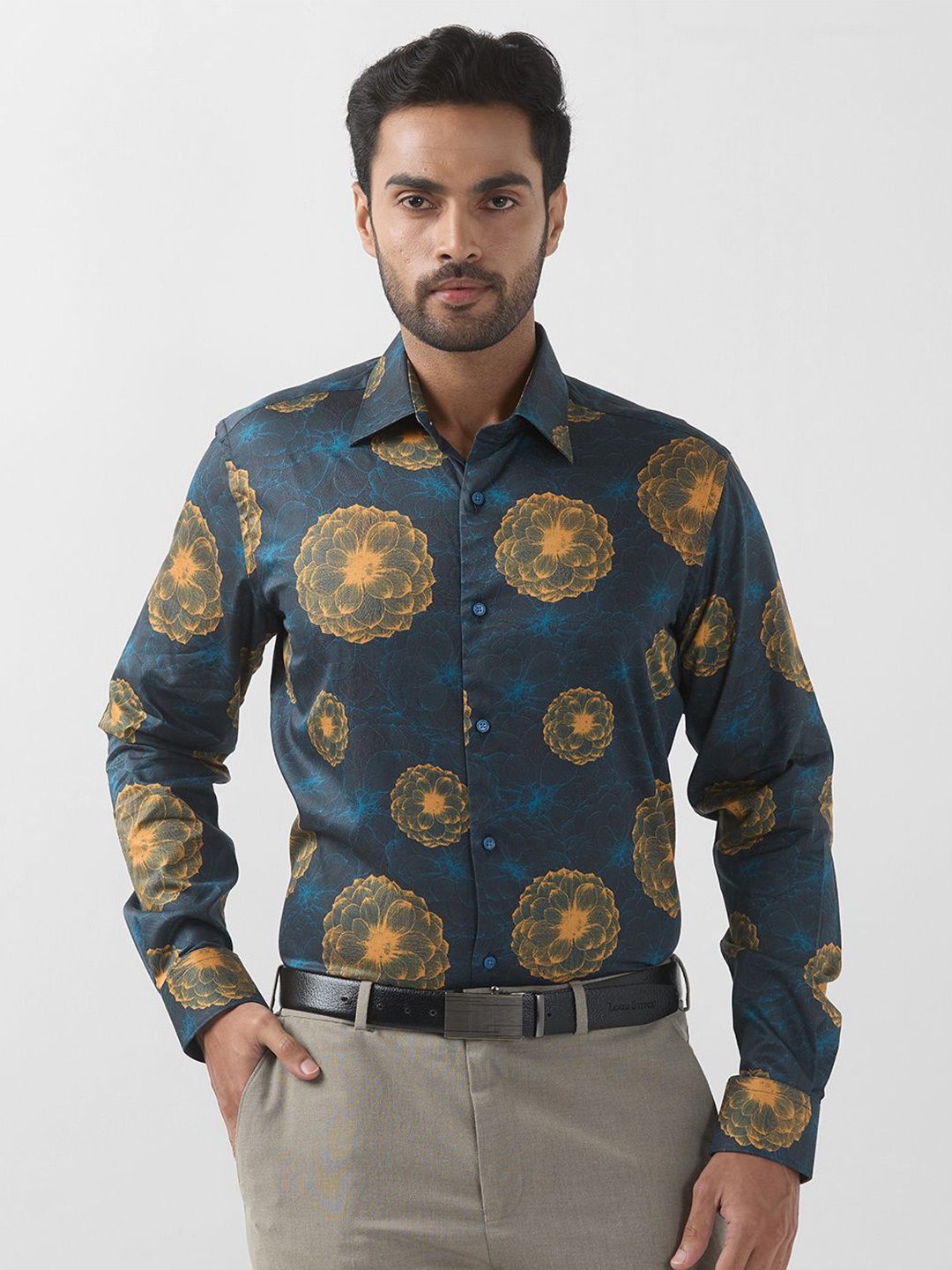 

Raymond Men Spread Collar Floral Printed Cotton Formal Shirt, Blue