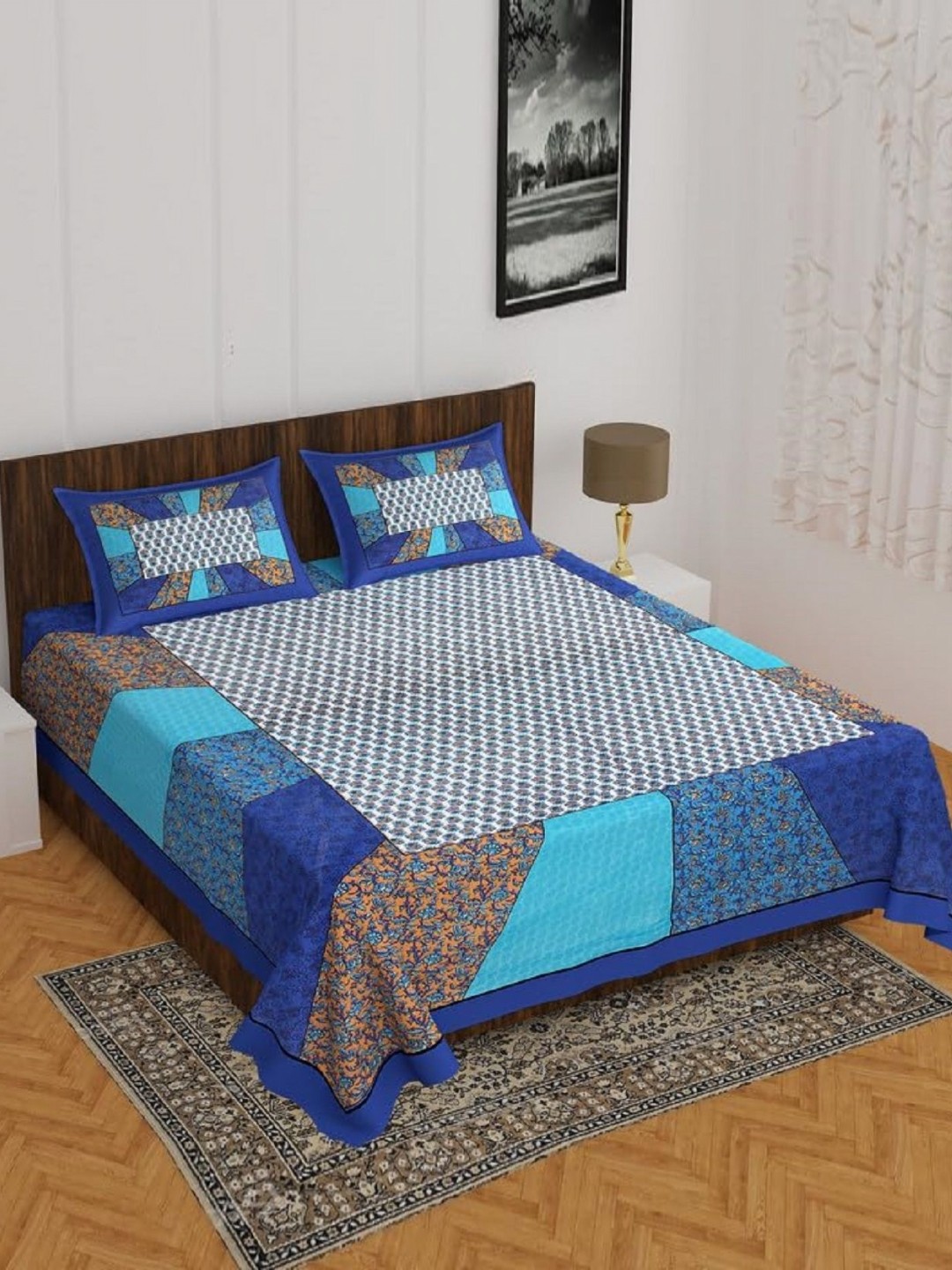 

AYAT COLLECTION Blue Geometric Printed Pure Cotton 144 TC Queen Bedsheet & 2 Pillow Covers