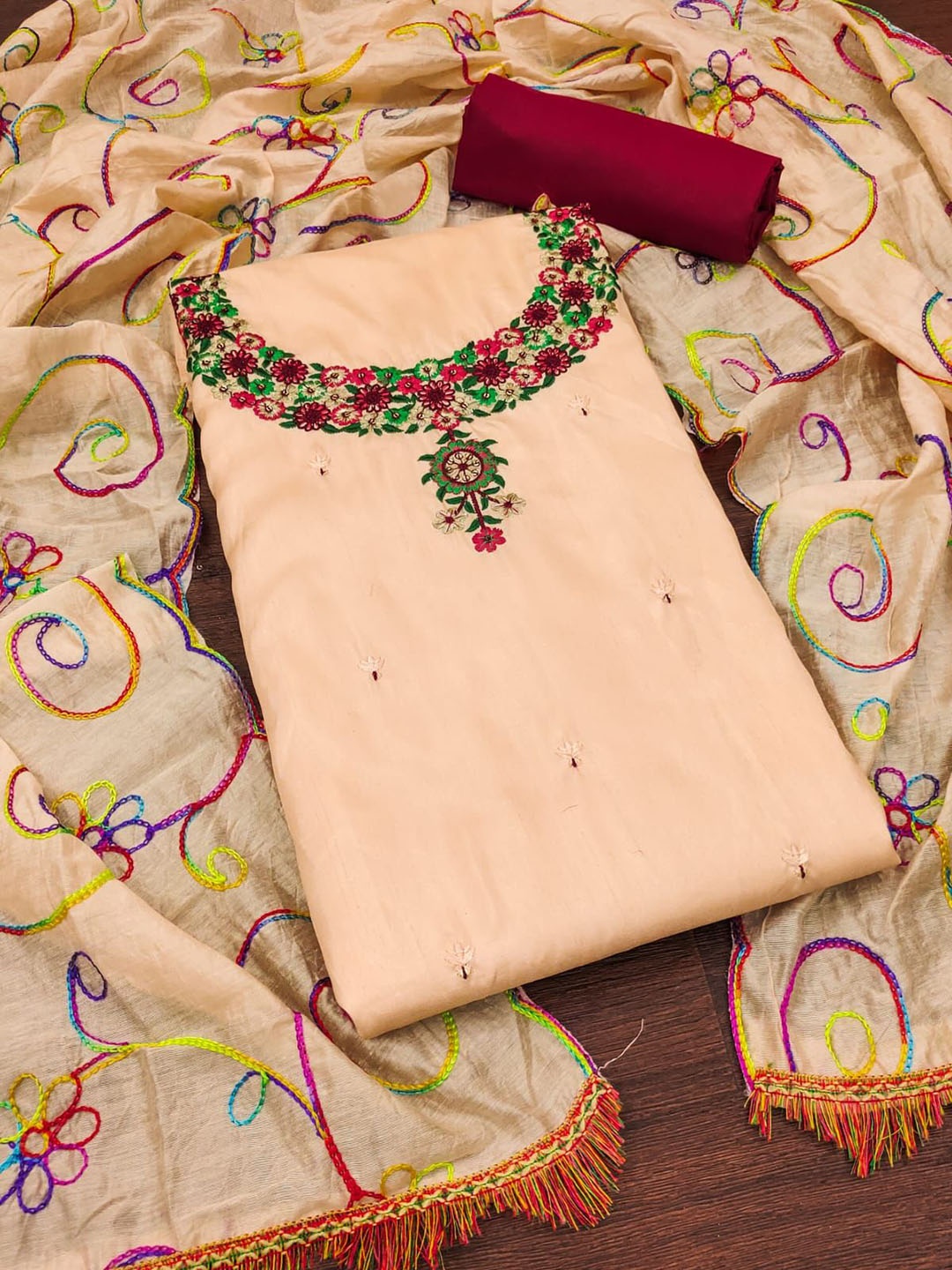 

LADY SHOPI Floral Embellished Thread Work Unstitched Dress Material, Orange