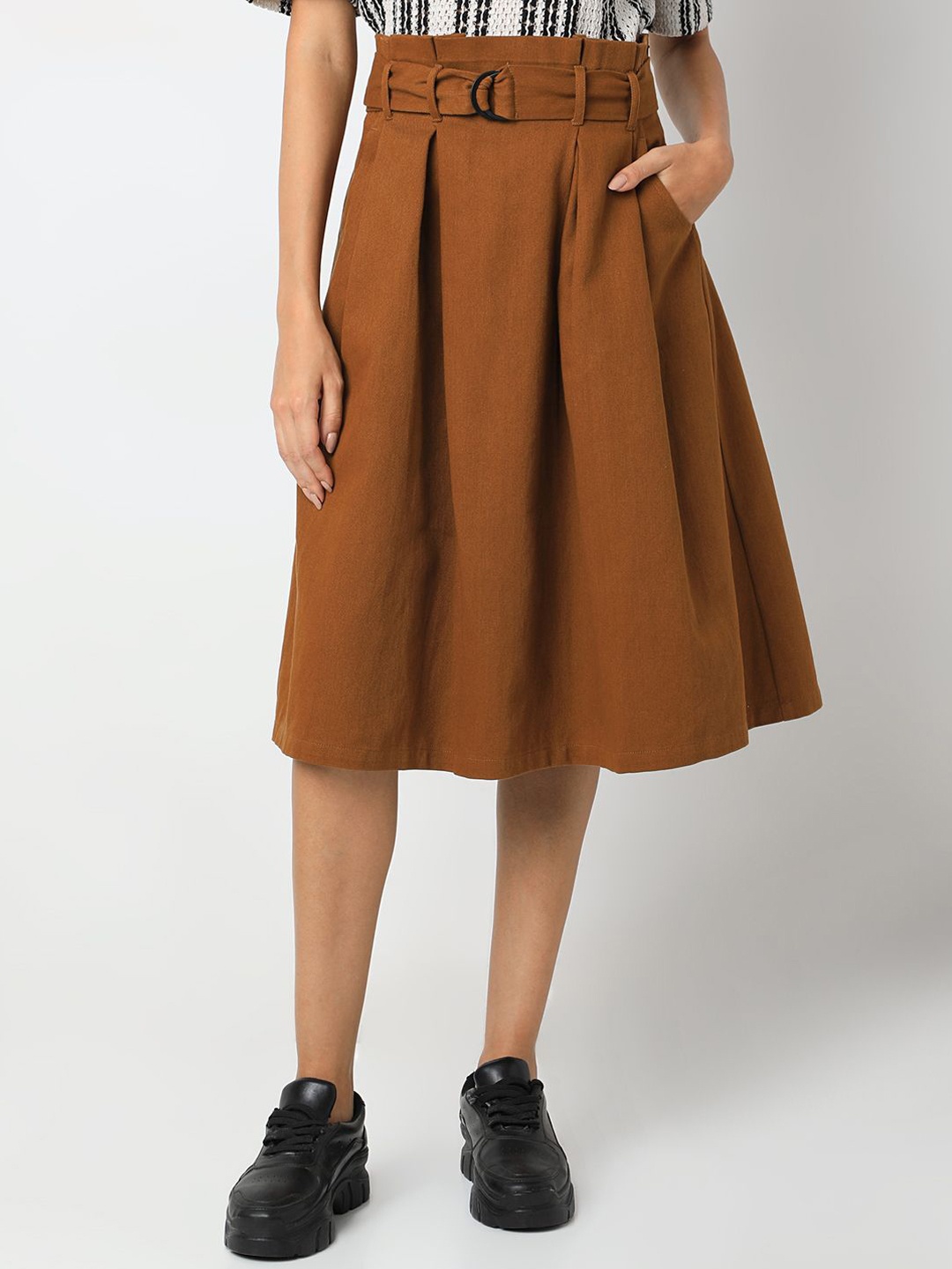 

Vero Moda Women Solid Pure Cotton Flared Knee Length Skirt With A Belt, Brown