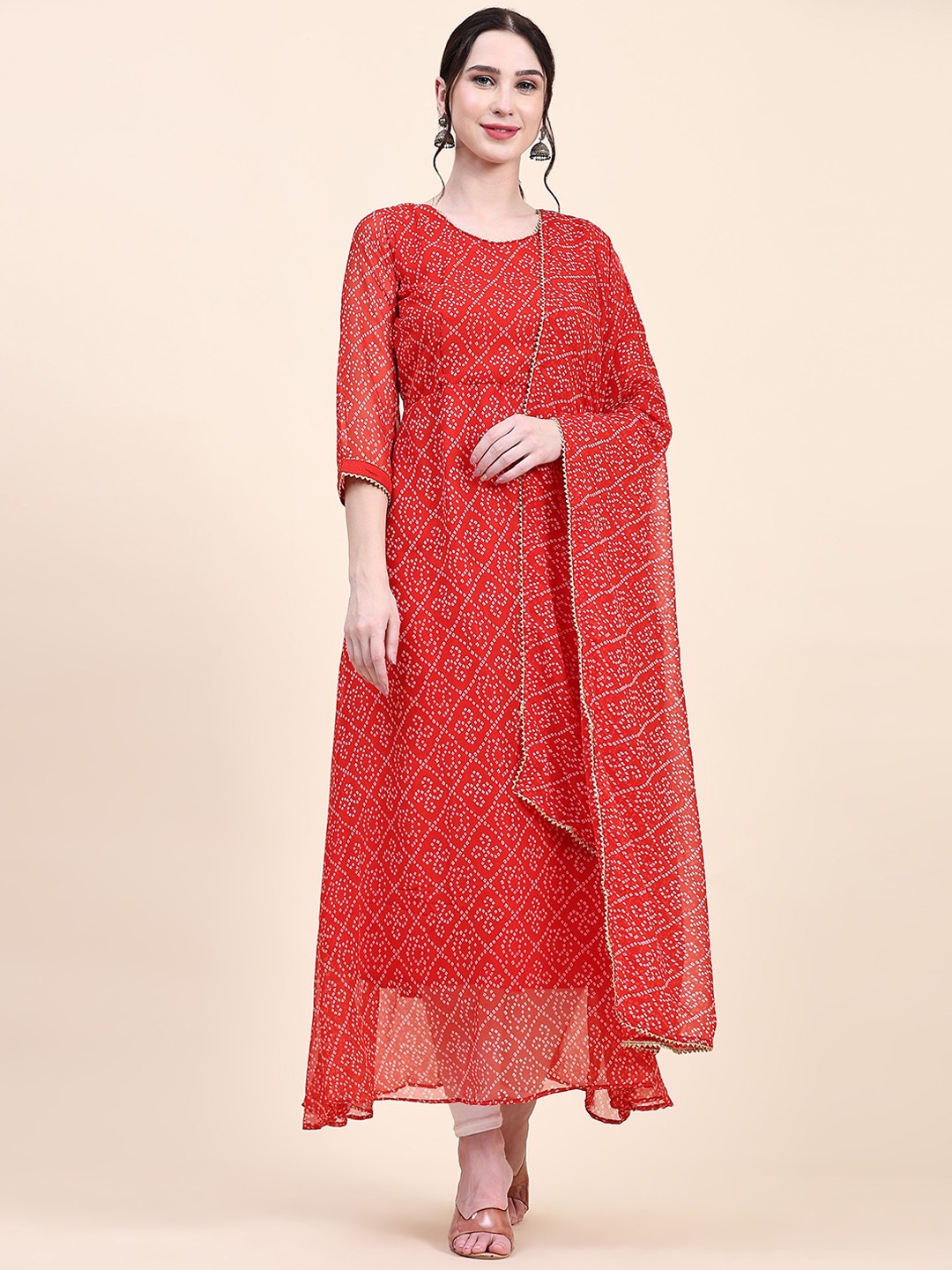 

Suha Bandhani Printed Georgette Anarkali Kurta With Dupatta, Red