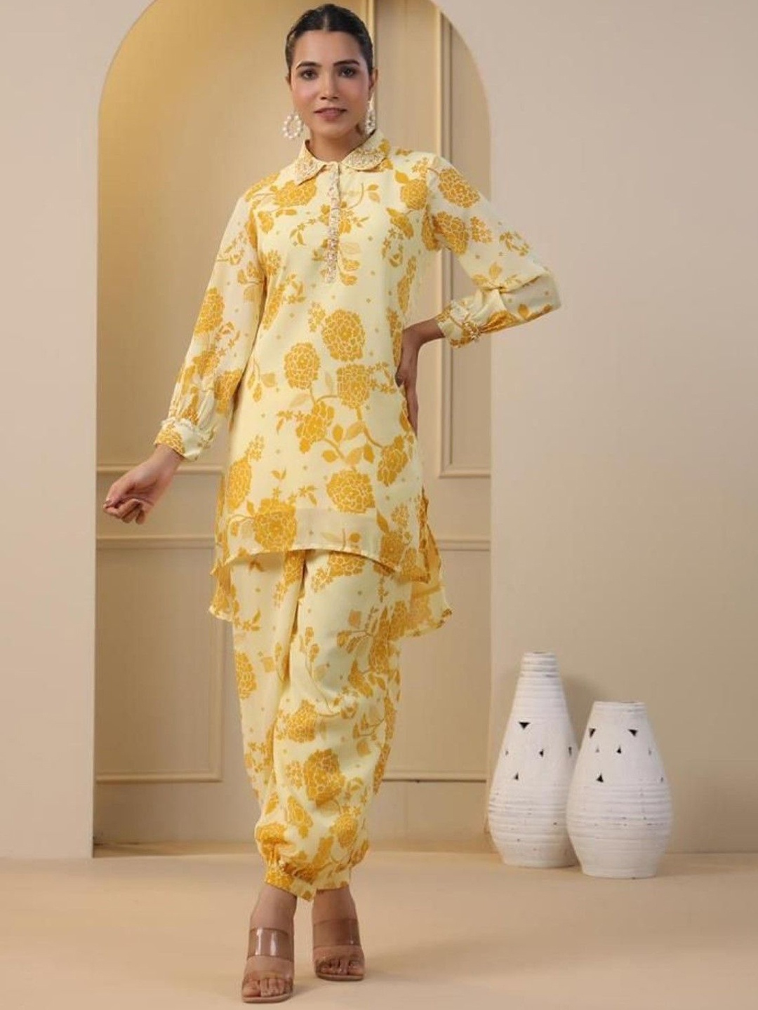 

AUTUMN LANE Printed Pure Cotton Tunic & Trousers Co-Ords, Yellow