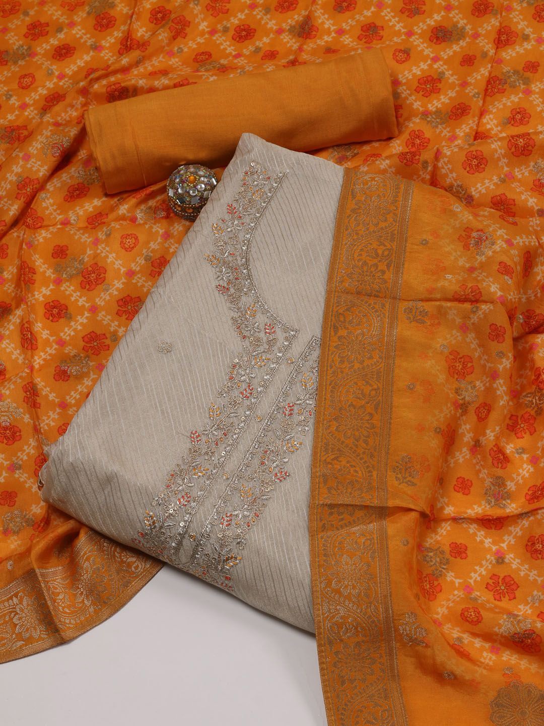

Meena Bazaar Floral Embroidered Sequinned Detail Unstitched Dress Material, Beige