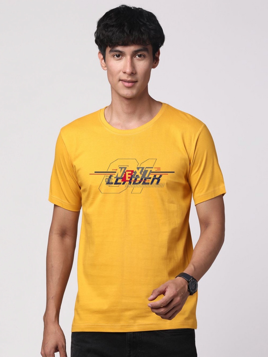 

ADRO Men Graphic Printed Round Neck Cotton T-shirt, Mustard