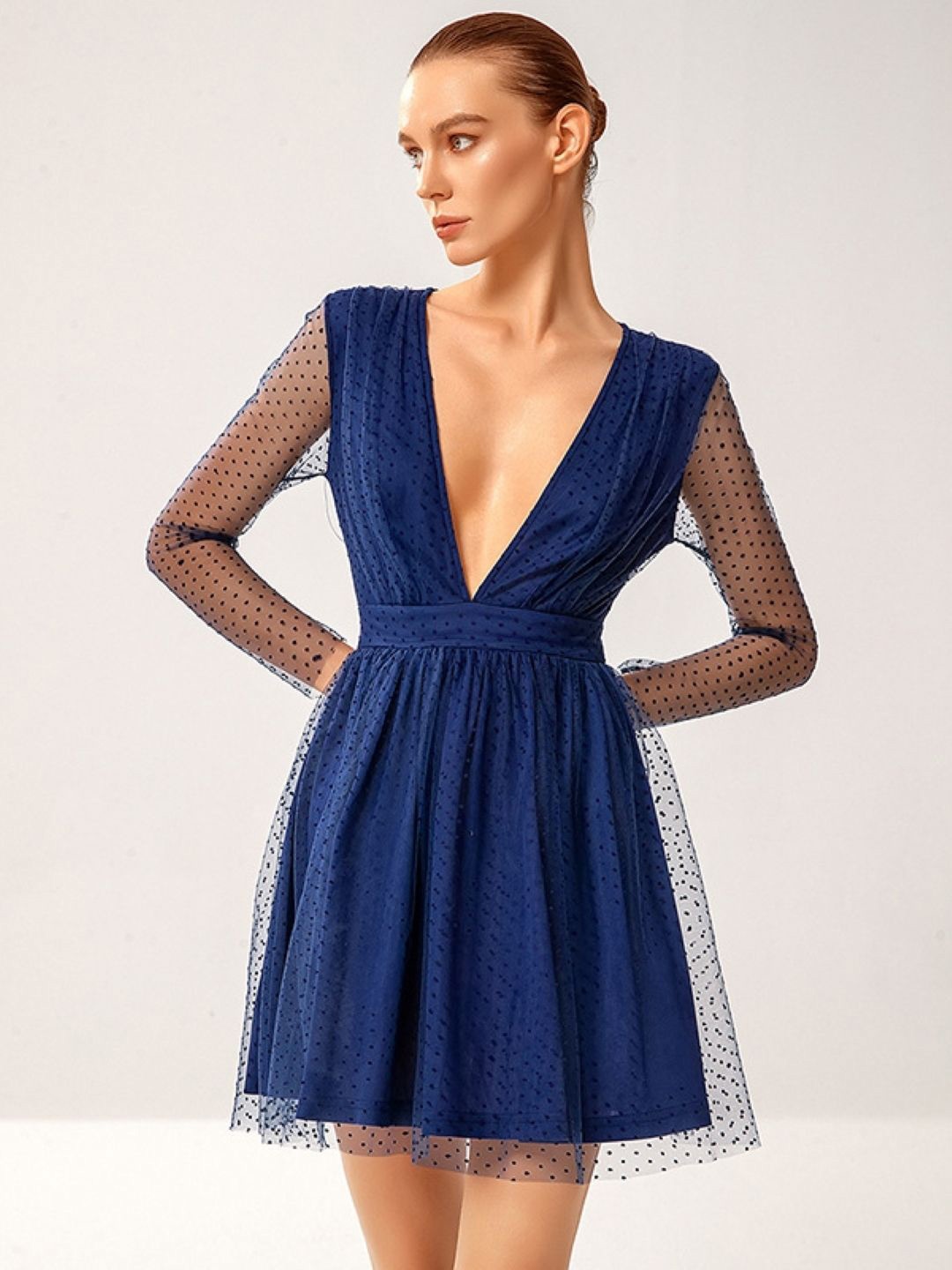 

KPOP Polka Dot Print A-Line Dress, Navy blue