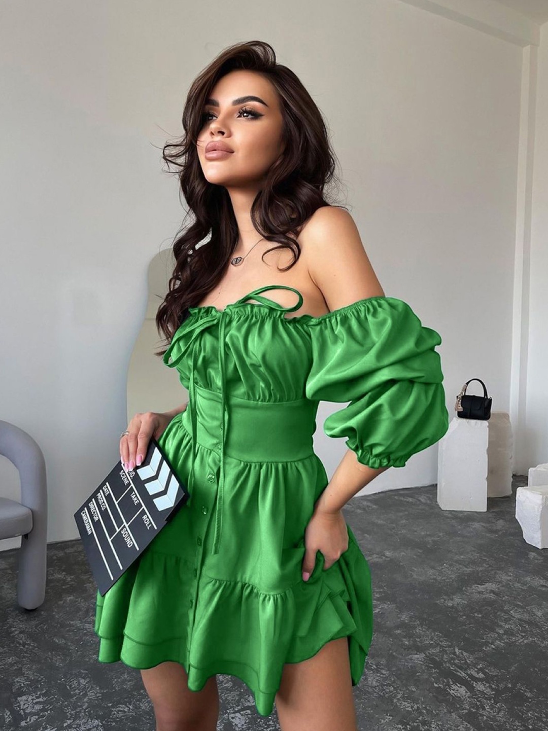 

KPOP Women Puff Sleeve Fit and Flare Dress, Green