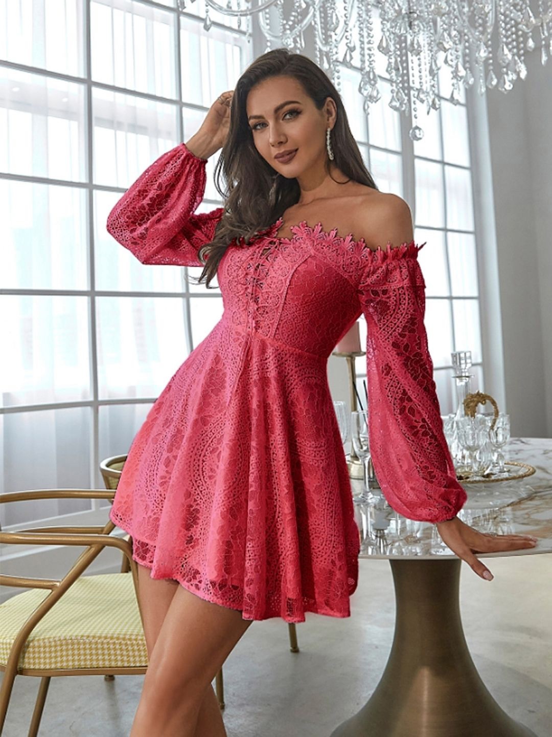 

KPOP Women Off-Shoulder Puff Sleeve A-Line Dress, Pink