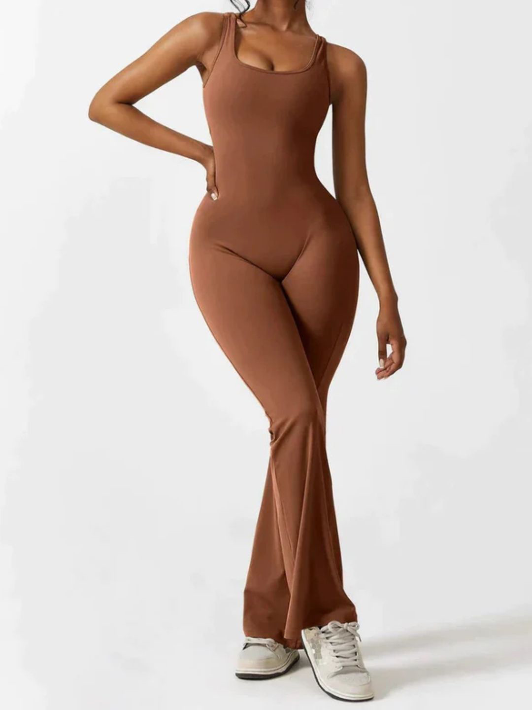 

KPOP Round Neck Basic Jumpsuit, Brown