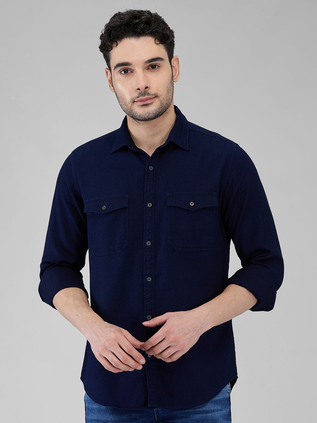 

Raymond Men Spread Collar Textured Solid Cotton Slim Fit Casual Shirt, Blue