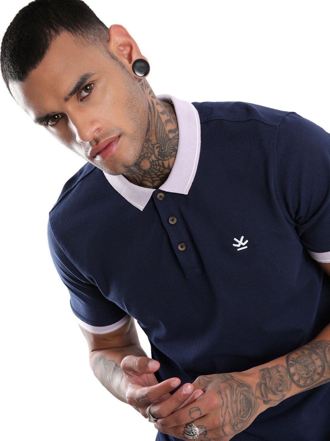 

WROGN Men Solid Polo Collar Pure Cotton Slim Fit T-shirt, Navy blue