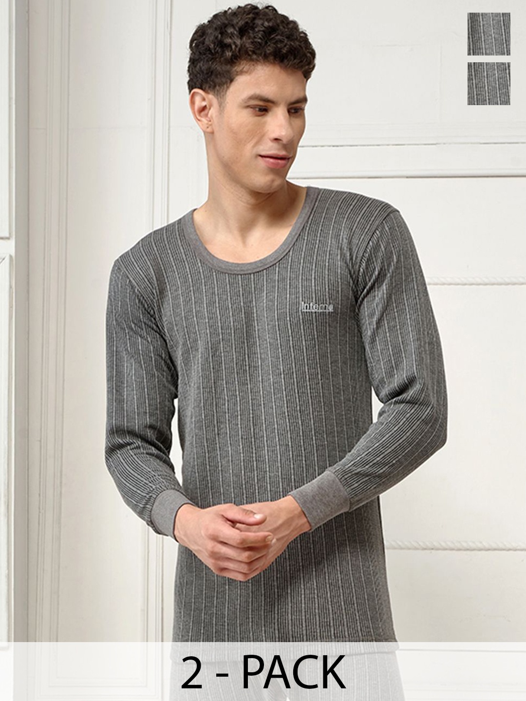 

Inferno Pack Of 2 Polycotton Round Neck Long Slevees Thermal Vests, Charcoal