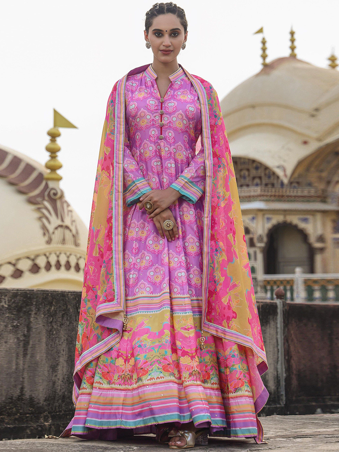 

SCAKHI Printed Gown Shaped Maxi Ethnic Dresses Dola Silk Printed Anarkali With Dupatta, Lavender