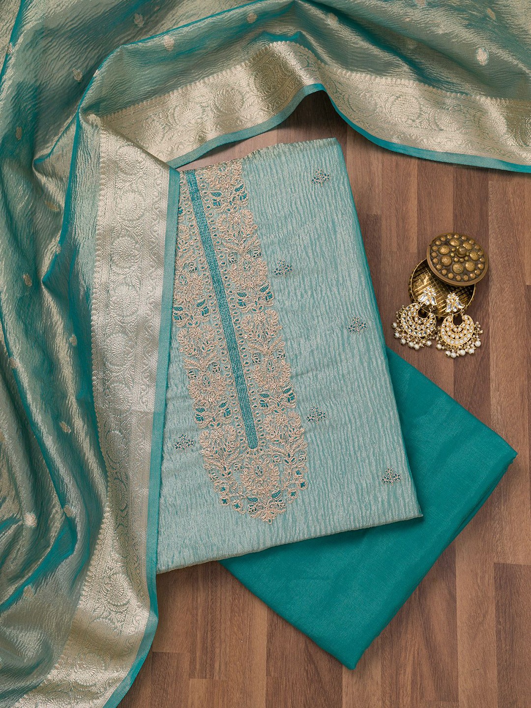 

Koskii Floral Zari Embroidered Unstitched Dress Material, Green