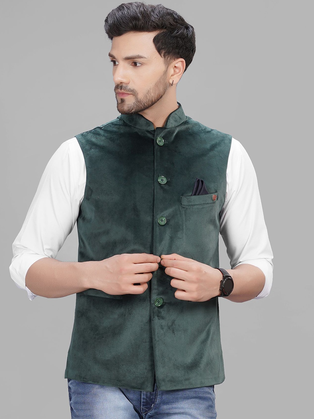 

LA'SCOOT Mandarin Collar Velvet Nehru Jacket, Green