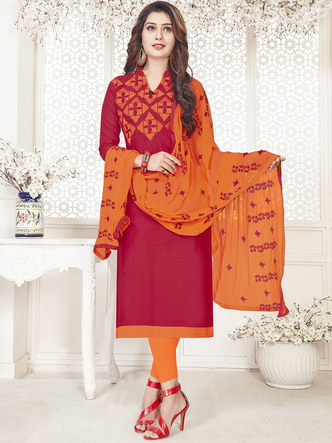 

LADY SHOPI Floral Embroidered Silk Chiffon Unstitched Dress Material, Red