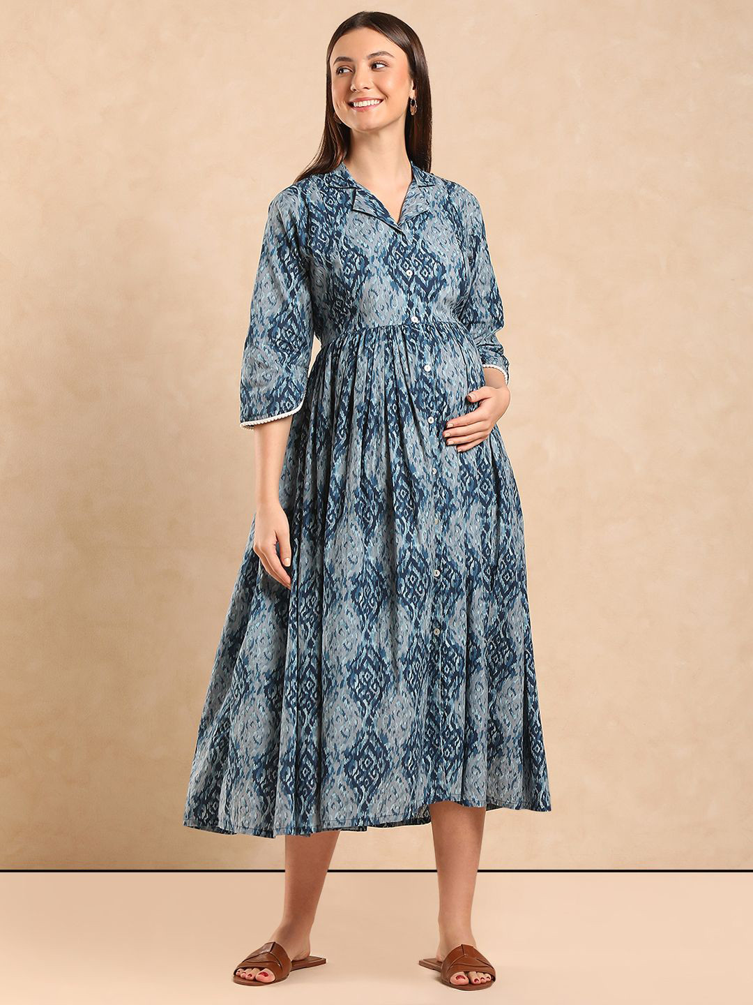 

Aanyor Printed Maternity Fit & Flare Maxi Dress, Blue