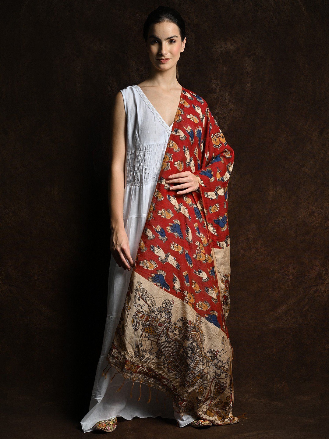 

Exotic India Red Cotton-Silk Hand Printed Kathak Hand Mudras Kalamkari Dupatta